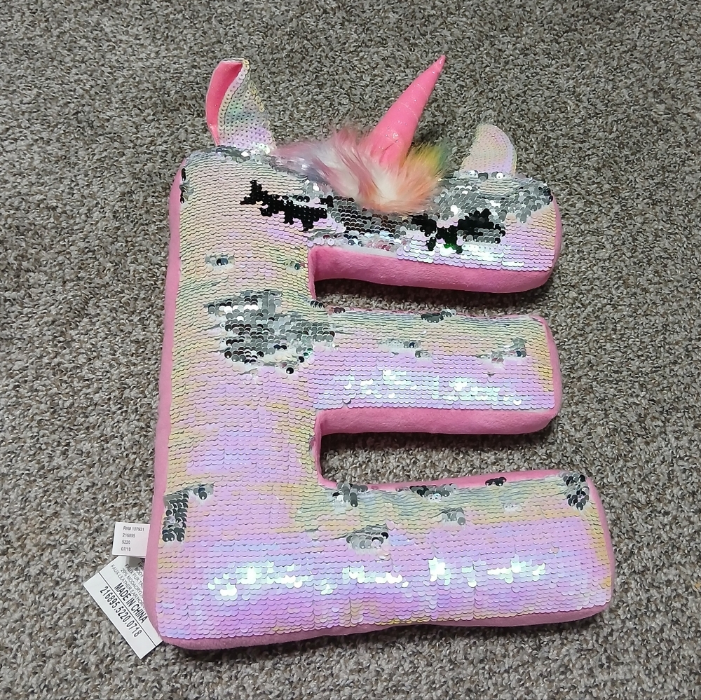 Pink‎ Sequin Unicorn Letter "E"Pillow